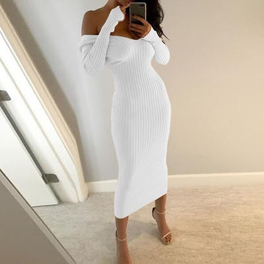 Rib-knit Off Shoulder Bodycon Maxi Dress